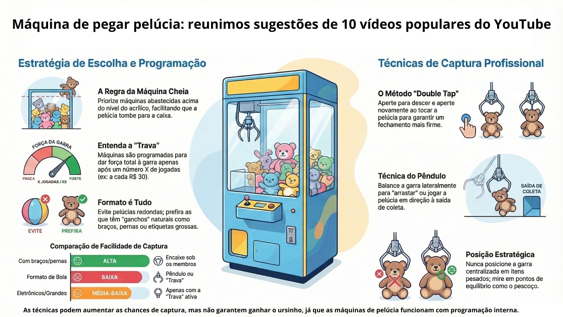 feito com IA com base no conteúdo de videos do youtube/ Créditos: esta matéria foi produzida a partir da análise de vídeos publicados pelos criadores de conteúdo Balian e equipe, canal Desafio das Pelúcias, Kaká Moreira e pelo canal Big Games, que compartilham experiências e estratégias em máquinas de pegar pelúcia no YouTube.