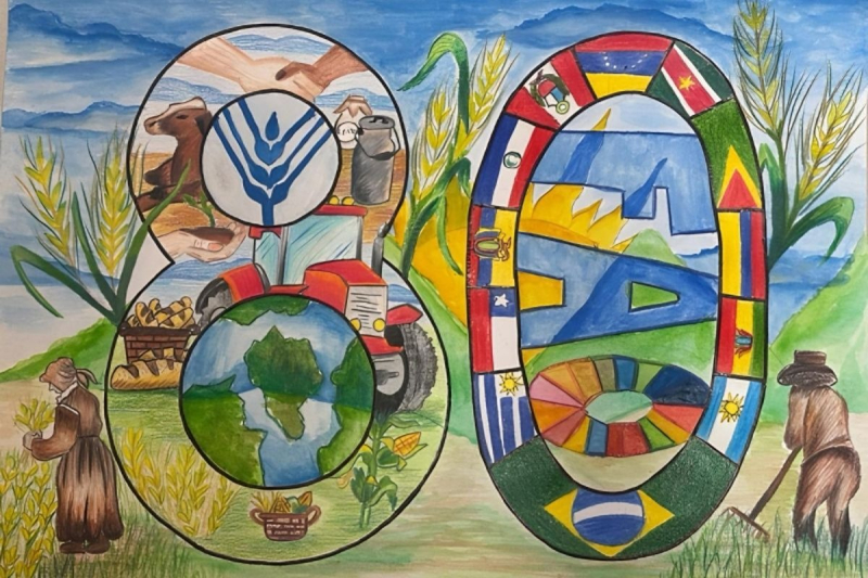 Legenda: Cartaz da brasileira Emilly Kamily Hardt, 15 anos, de Quedas do Iguaçu (PR). A jovem foi uma das vencedoras da edição de 2025 do Concurso de Cartazes para o Dia Mundial da Alimentação, e a única da América Latina e Caribe entre os 12 ganhadores. Sobre sua obra, Emilly destaca: “Meu desenho relata a união entre o mundo, a agricultura e a alimentação, para lembrar a importância da terra e do cultivo em nossas vidas”. Foto: © Emilly Kamily Hardt